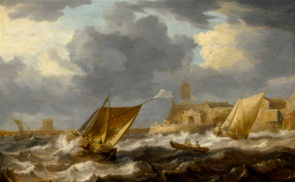 Bonaventura Peeters - Vessels and a rowing boat on choppy waters, near a small harbor town with a windmill, possibly Hoboken