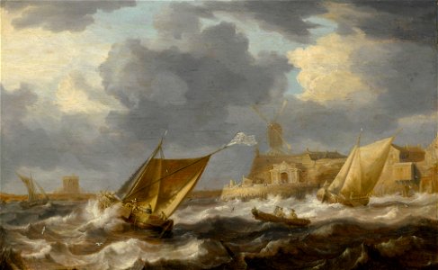 Bonaventura Peeters - Vessels and a rowing boat on choppy waters, near a small harbor town with a windmill, possibly Hoboken