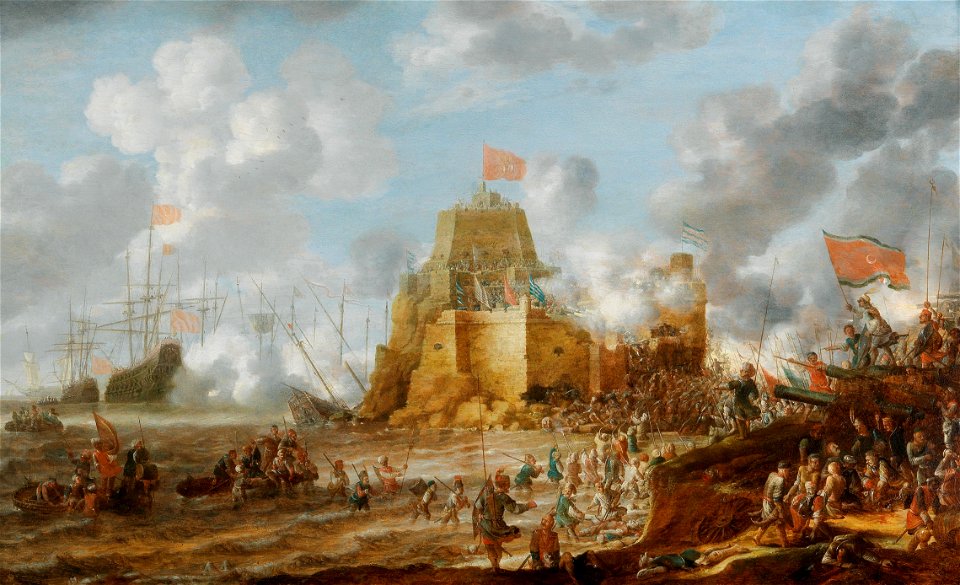 Bonaventura Peeters - A coastal landscape with Turkish soldiers attacking a Christian fortress