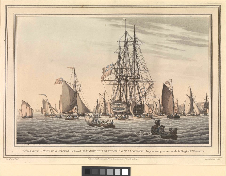 Bonaparte in Torbay, at Anchor, on board His M Ship Bellerophon, Capt F C Maitland, July 24, 1815, previous to his sailing for St Helena (Eurotas and Liffey in background) RMG PW7978