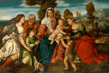 Bonifacio de' Pitati - La Sacra Famiglia con Dorotea, Giovanni Battista, Tobia e l'angelo