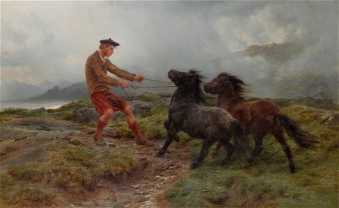 Rosa Bonheur - A ghillie and two Shetland ponies in a misty landscape. Free illustration for personal and commercial use.