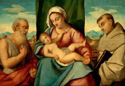 Bonifacio de' Pitati - La Madonna col Bambino ei santi Girolamo e Francesco d'Assisi. Free illustration for personal and commercial use.