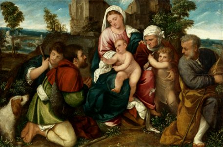 Bonifacio de' Pitati - Sacra Famiglia con Elisabetta, il bambino di San Giovanni. Free illustration for personal and commercial use.
