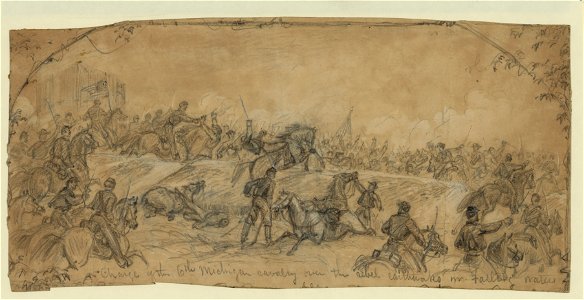 Charge of the 6th Michigan cavalry over the rebel earthworks nr. Falling Waters LCCN2004660286