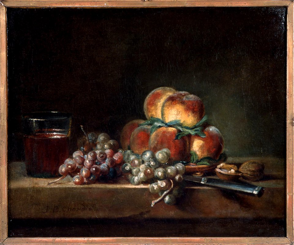 Chardin - Plateau de pêches avec noix, raisin, verre de vin et couteau, 1758