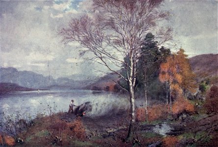 Charcoal-Burners, Coniston Lake - The English Lakes - A. Heaton Cooper. Free illustration for personal and commercial use.