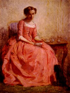 Chaplin-Girl in a Pink Dress Reading, with a Dog