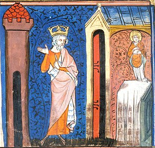 Charlemagne honouring St Denis, from Chroniques de France ou de St Denis, 14th century (22702899392)