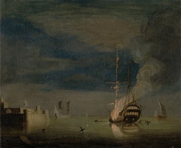 Charles Brooking - A Two-Decker on Fire at Night off a Fort - Google Art Project