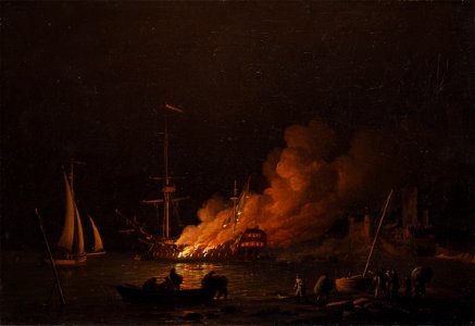 Charles Brooking - Ship on fire at night - Google Art Project