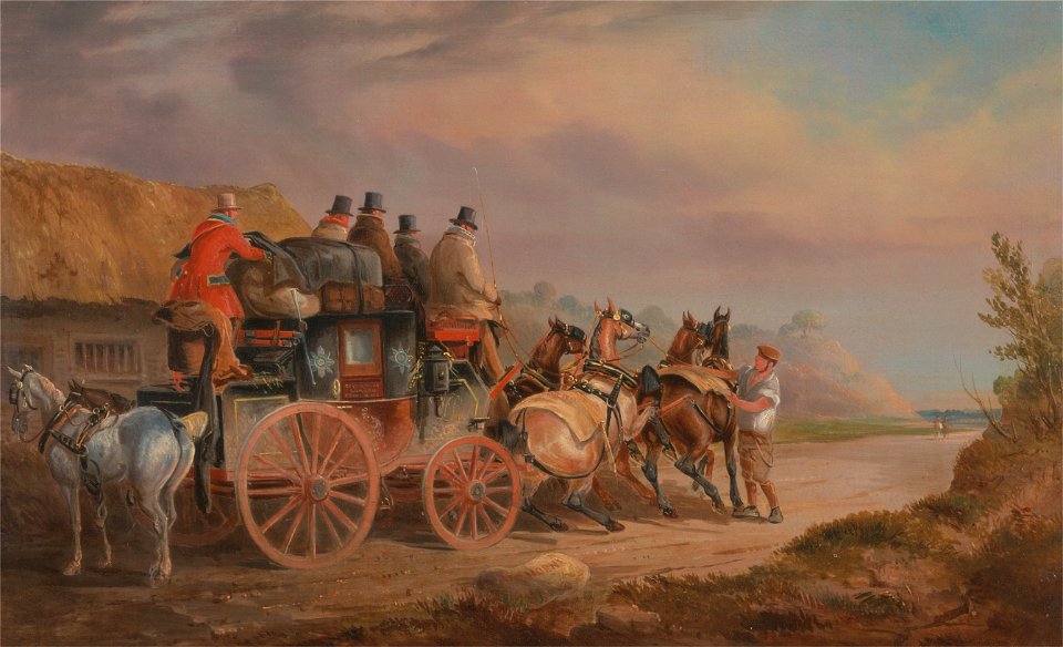 Charles Cooper Henderson - Mail Coaches on the Road- the `Quicksilver' Devonport-London Royal Mail about to Start with a new Te... - Google Art Project