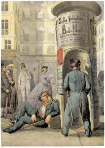 Charles Hoguet Pariser Straßenszene mit Plakatsäule 1860