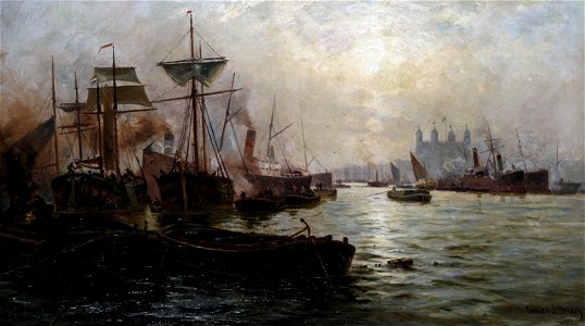 Charles James De Lacy - Shipping on the Thames, with the Tower beyond. Free illustration for personal and commercial use.