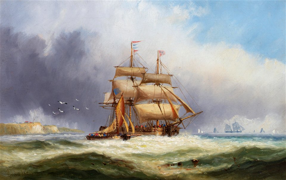Charles James De Lacy - The Isle of Wight Pilot Boat hailing an outward bound ship (1887)