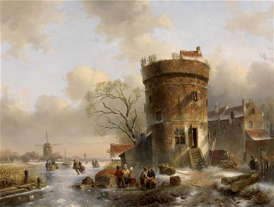 Charles Leickert - Winterlandschap met figuren op een bevroren rivier bij een toren - 2793 - Rijksmuseum Twenthe