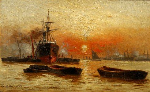 Charles James De Lacy - Sunset, River Thames (1884). Free illustration for personal and commercial use.