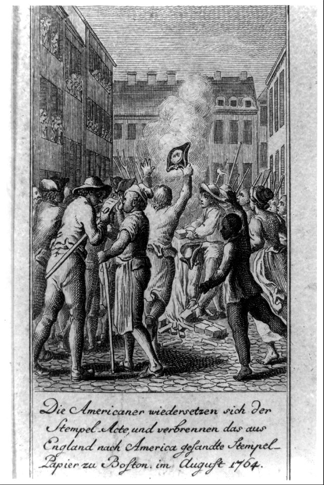 Die Americaner wiedersetzen sich der Stempel-Acte, und verbrennen das aus England nach America gesandte Stempel-Papier zu Boston, im August 1764 LCCN2004670197
