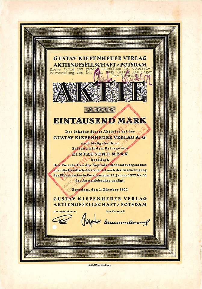 Gustav Kiepenheuer Verlag AG 1000 Mk 1922