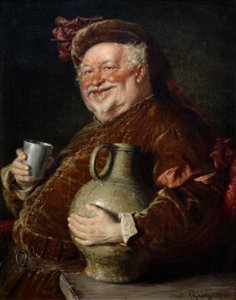 Eduard von Grützner Falstatt am Tisch mit Weinkrug und Zinnbecher 1910