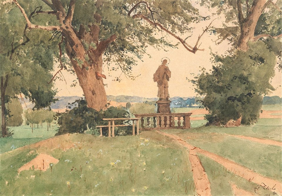 Eduard Zetsche Landschaft mit Nepomuk-Statue 1918