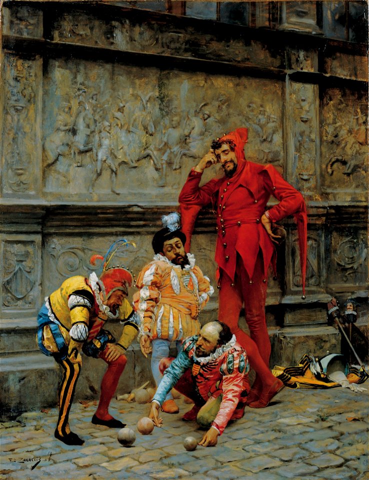 EDUARDO ZAMACOIS Y ZABALA - Bufones jugando al Cochonnet (Museo de Bellas Artes de Bilbao, 1868. Óleo sobre tabla, 46 x 35.6 cm)