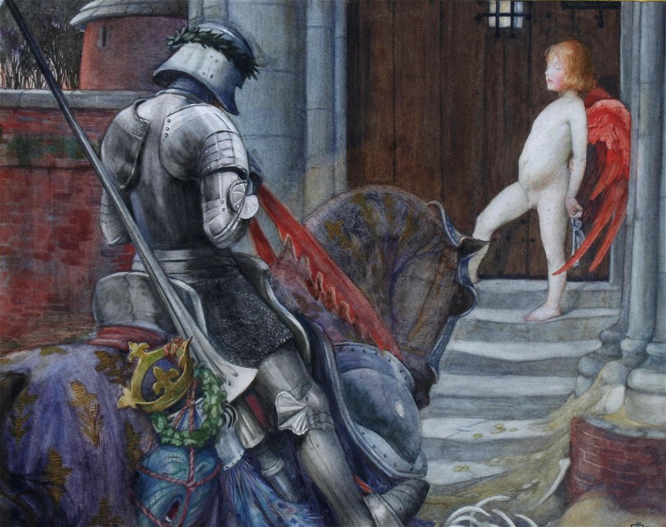 Eleanor Fortescue-Brickdale - A Knight and Cupid before a Castle Door