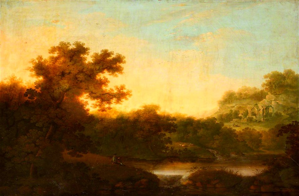 George Smith (1714-1776) (style of) - River Landscape, with Fisherman, and Distant Ruins of an Abbey - 1430459 - National Trust
