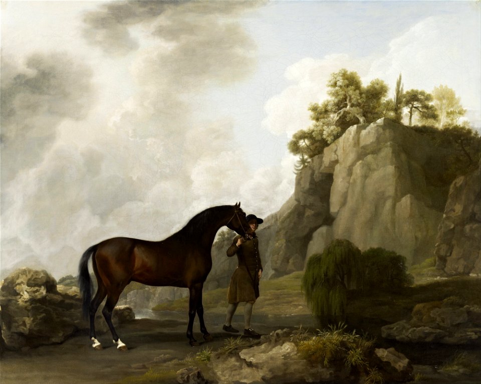 George Stubbs - The Marquess of Rockingham's Arabian Stallion (led by a Groom at Creswell Crags) - Google Art Project