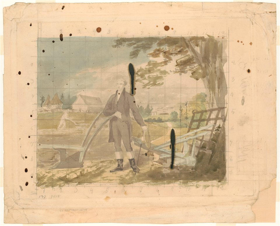 George Washington standing at a plow, with Mount Vernon in the background LCCN2014649066