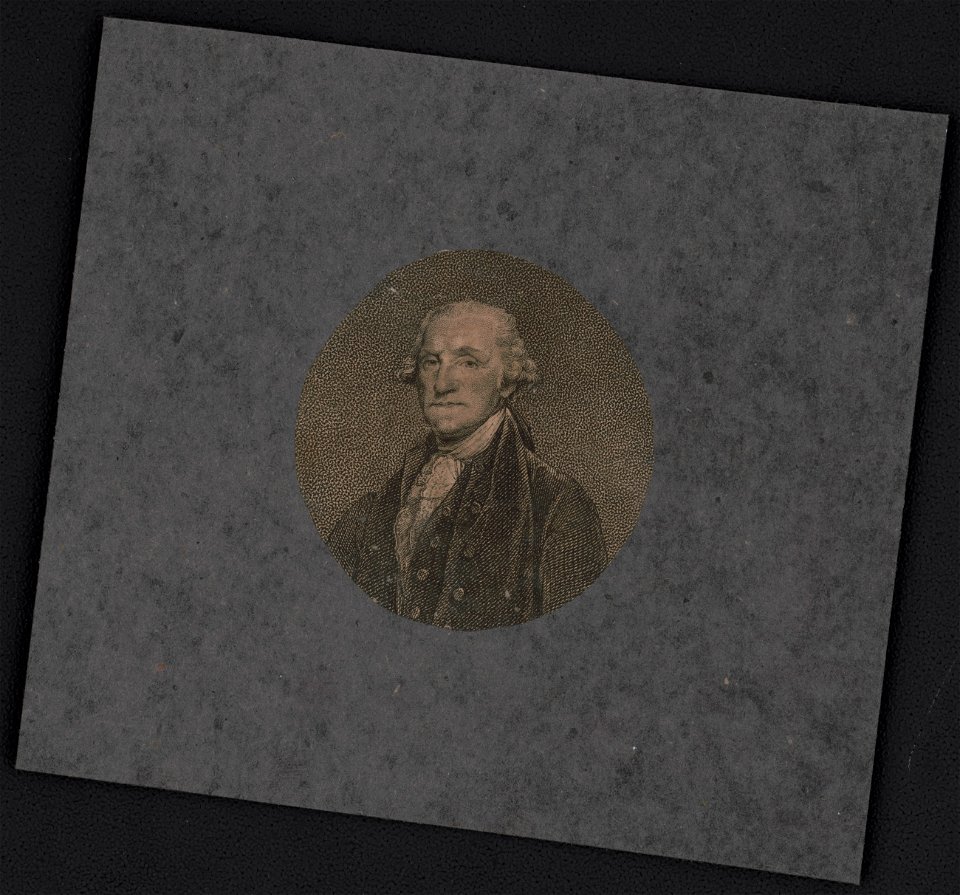 George Washington, head-and-shoulders portrait, wearing uniform, facing left, in medallion cut from larger print LCCN2004665421