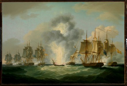 Four frigates capturing Spanish treasure ships (5 October 1804) by Francis Sartorius, National Maritime Museum, UK. Free illustration for personal and commercial use.