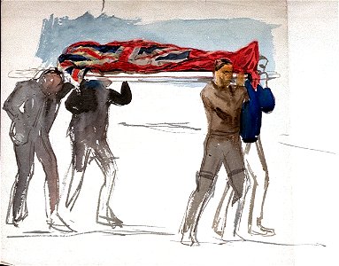 Four figures carrying a body wrapped in a red ensign RMG PU9963