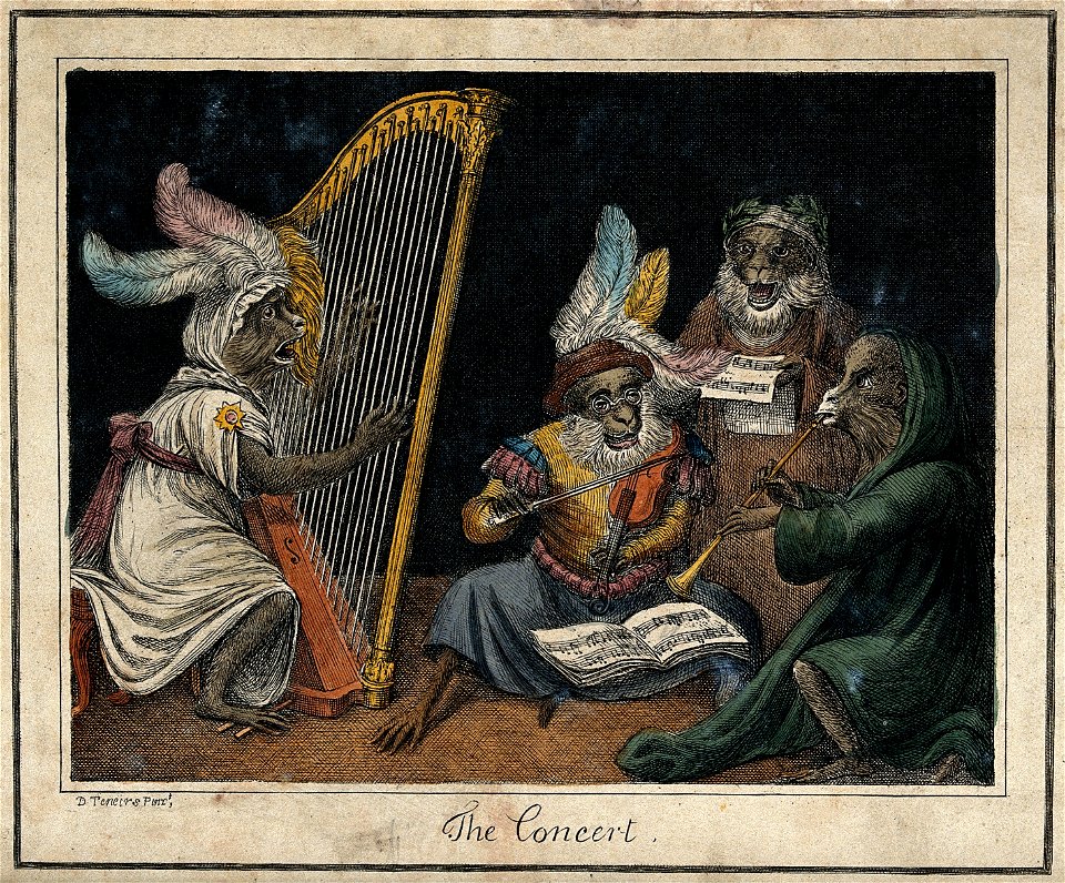 Four monkeys dressed as musicians giving a concert. Coloured Wellcome V0021452