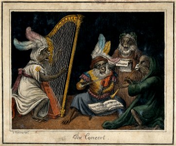 Four monkeys dressed as musicians giving a concert. Coloured Wellcome V0021452