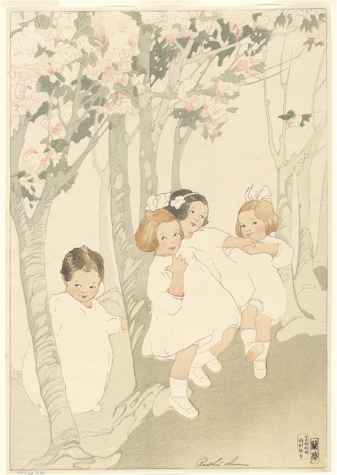 Four children dancing beneath blossoming cherry trees) - Bertha Lum LCCN2012645187