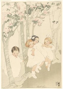 Four children dancing beneath blossoming cherry trees) - Bertha Lum LCCN2012645187. Free illustration for personal and commercial use.
