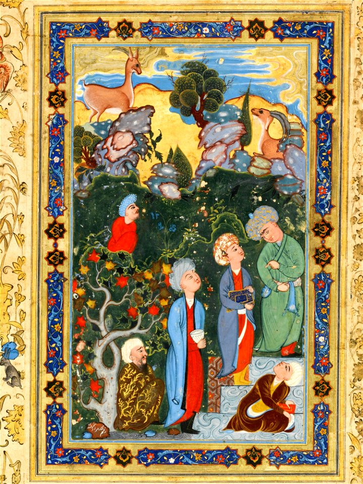 Four young scholars in discussion, signed by Muhammad Murad Samarqandi, Persia, detail
