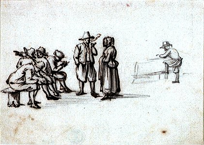 Four figures seated on a bench and two standing RMG PV5194