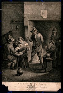 Four men sit at a table playing cards, others watch as they Wellcome V0040216