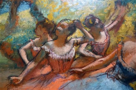 Four Ballet Dancers on Stage, by Edgar Degas, detail, c. 1885-1890, oil on canvas - Museu de Arte de São Paulo - DSC07165. Free illustration for personal and commercial use.