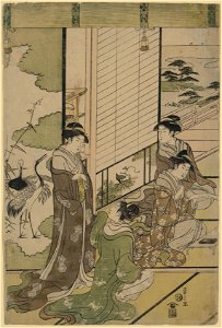 Four women composing poetry, possibly as a competition, next to a screen with painting of cranes LCCN2008660791