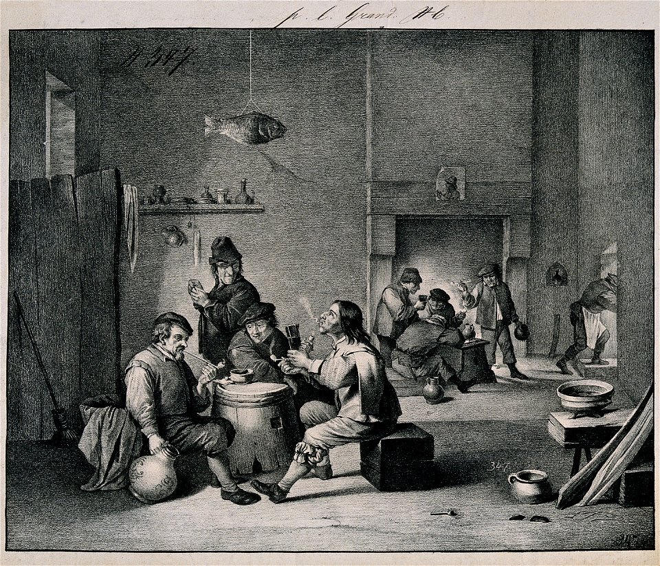 Four men sit indoors smoking round a barrel-table, others dr Wellcome V0019055