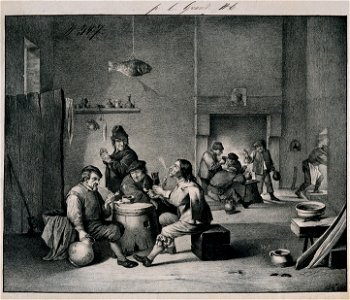 Four men sit indoors smoking round a barrel-table, others dr Wellcome V0019055