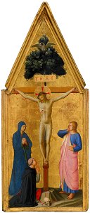 Fra Angelico - Christ on the Cross, the Virgin, Saint John the Evangelist, and Cardinal Torquemada - 1921.34 - Fogg Museum. Free illustration for personal and commercial use.