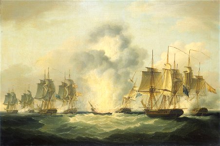 Four frigates capturing Spanish treasure ships off Cape Santa Maria, Portugal, 5 October 1804 RMG BHC0535. Free illustration for personal and commercial use.
