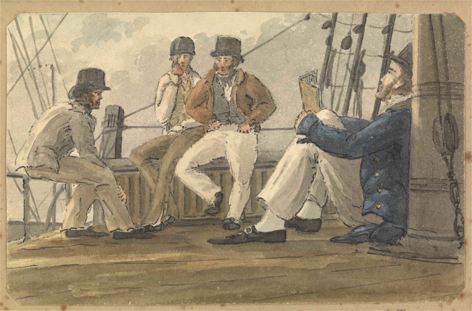 Four sailors relaxing on deck, one reading RMG PZ4315