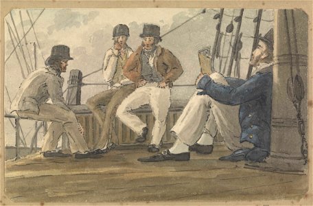 Four sailors relaxing on deck, one reading RMG PZ4315