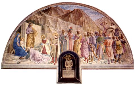 Fra Angelico — Freskenzyklus im Dominikanerkloster San Marco in Florenz, Szene Anbetung der Heiligen Drei Könige. Free illustration for personal and commercial use.