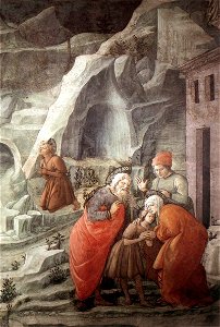 Fra Filippo Lippi - St John Taking Leave of his Parents (detail) - WGA13283. Free illustration for personal and commercial use.